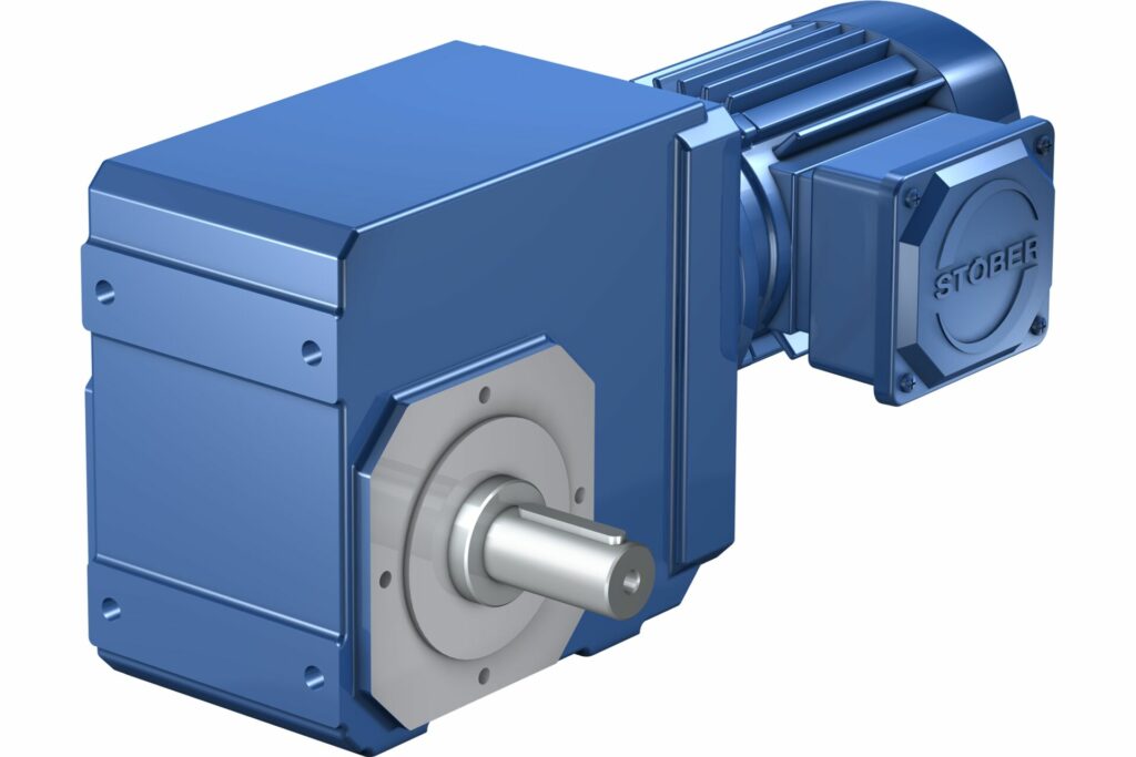 Highly rigid helical bevel gear unit with an energy-efficient asynchronous motor. 